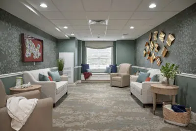 A restful lounge area in a Memory Care neighborhood at Dock Woods