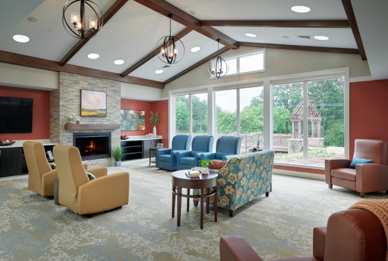 Bright lounge in Living Branches Memory Care community at Dock Woods
