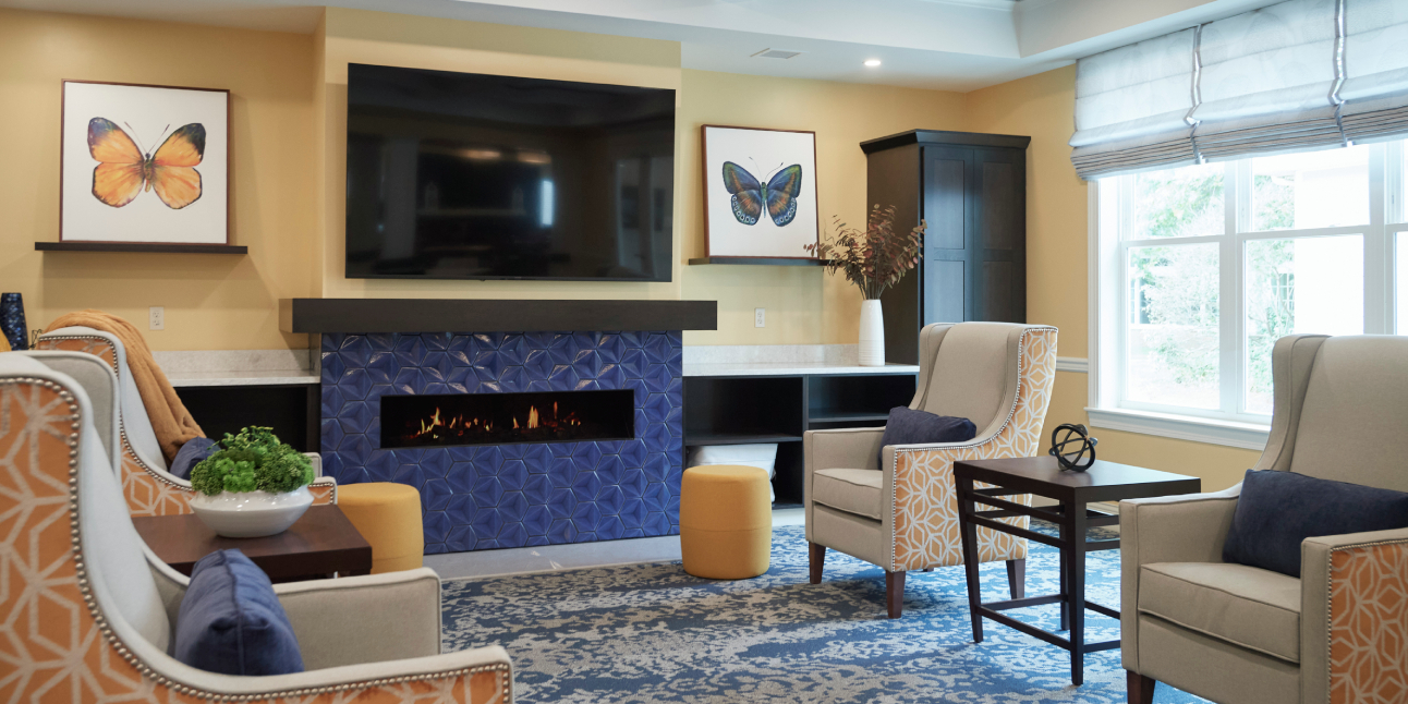 A comfortable lounge area in the newly renovated skilled nursing unit at Dock Woods, a Living Branches community